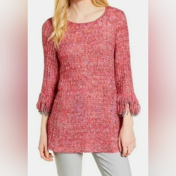 Nic + Zoe Pink & Red Airy Macrame Ribbon Knit Fringe Sweater, Medium Size, - Picture 15 of 16